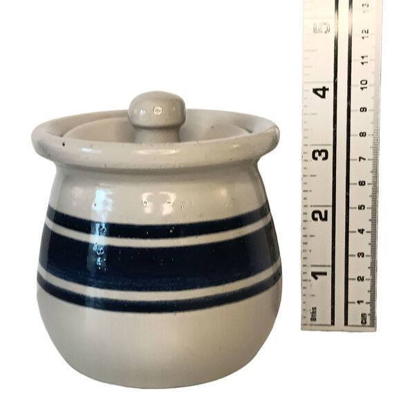 VTG  Casey Pottery Marshall TX Cream With Blue Stripe Crock Sugar Bowl W/ Lid 4” - Picture 9 of 9